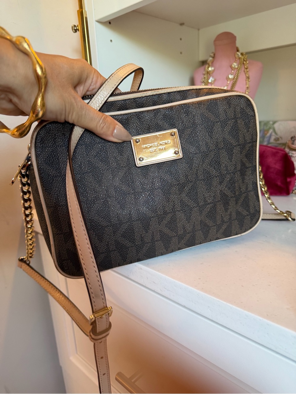 Michael Kors Brown Logo Crossbody with tan leather Trim and Gold Hardware